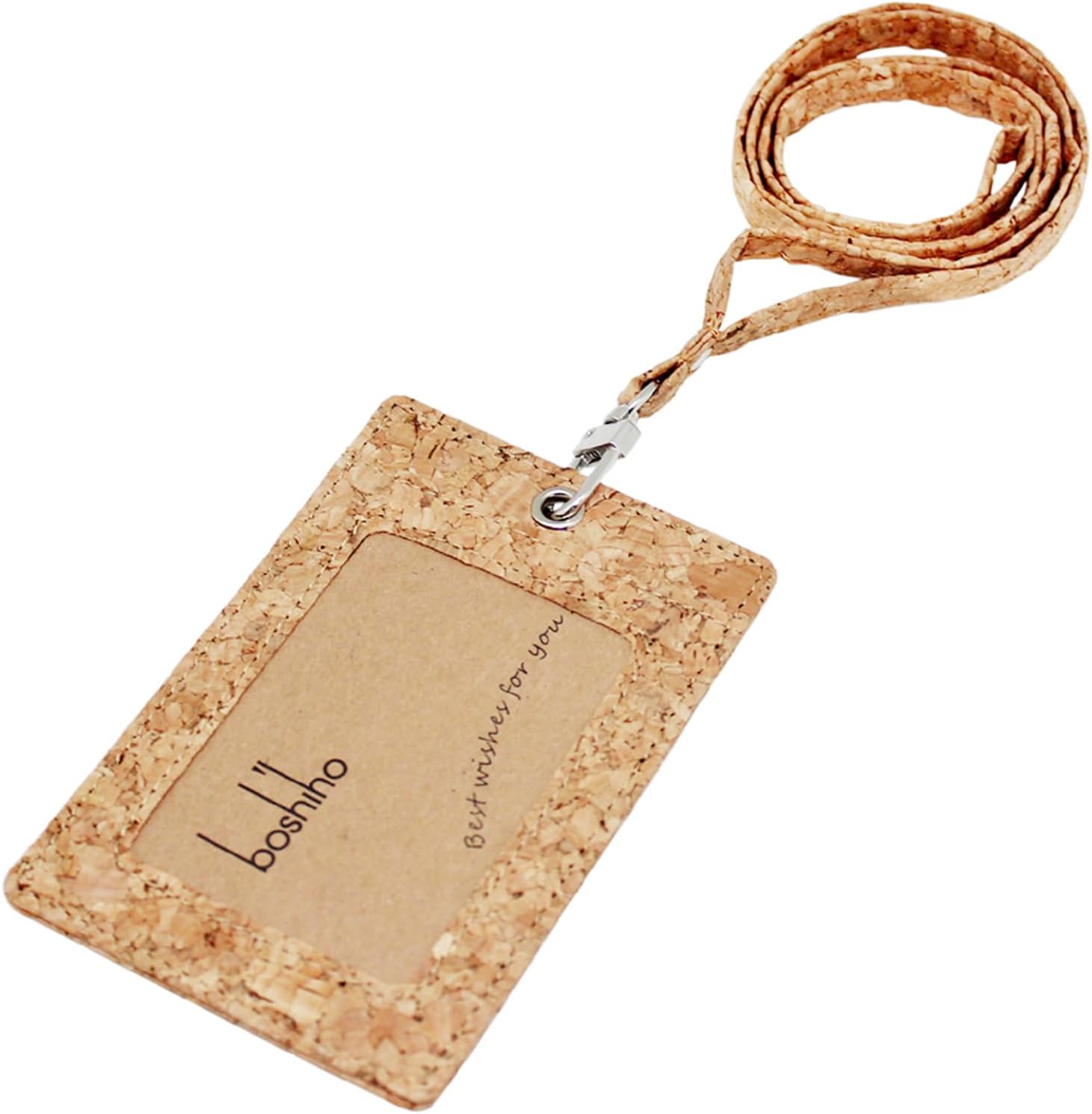 Boshiho. Funda vertical, de piel, para tarjeta de identificación con cordón resistente., Corcho