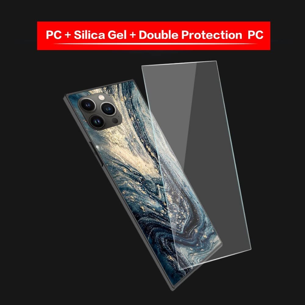 ZHUXUXITT Funda cuadrada de lujo para iPhone 15 Pro Max, diseño de mármol azul y dorado, funda cuadrada para mujeres y hombres, suave TPU protección