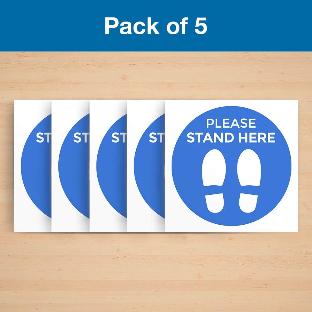 Letreros de distanciamiento social para piso, paquete de 5 calcomanías, diseño de pie azul, círculo de 12 pulgadas, solo para interiores, vinilo