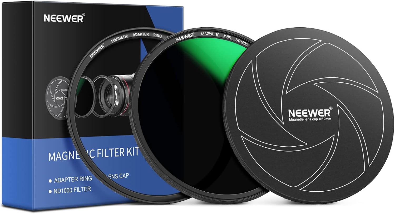 NEEWER Kit de filtro magnético ND 3 en 1 de 2.441 in, incluye filtro ND1000 de densidad neutra fija de 10 paradas + anillo adaptador+tapa de filtro