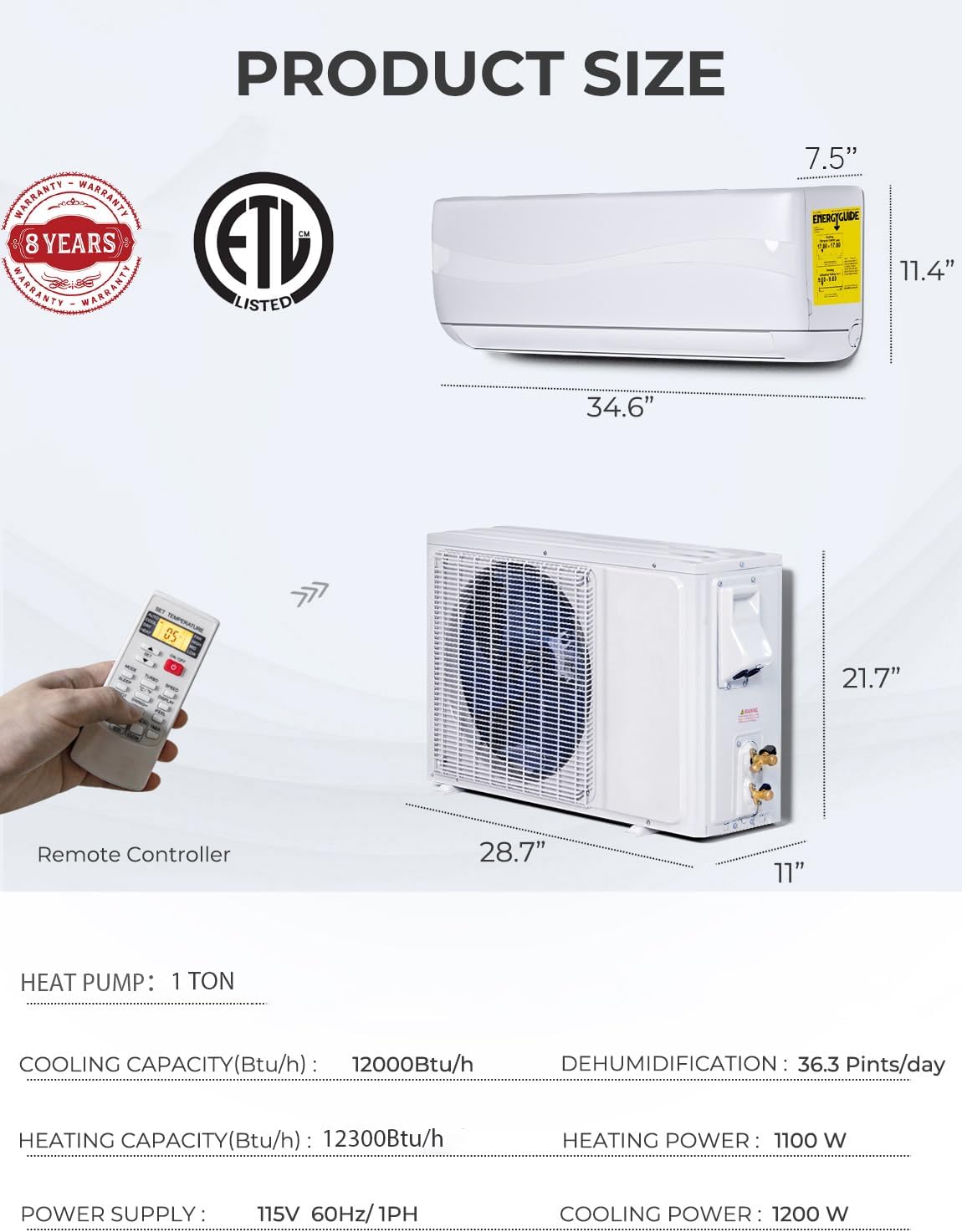 Mini Split AC y sistema de calefacción, aire acondicionado de pared de 12,000 BTU 20 SEER2 115V y bomba de calentador de 1 tonelada con inversor, CA