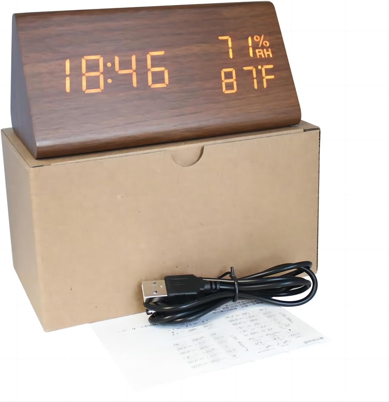 Lancoon Reloj despertador digital de madera, fecha de hora, 1224 horas, temperatura y humedad, activación de sonido, brillo de 3 niveles, funciona