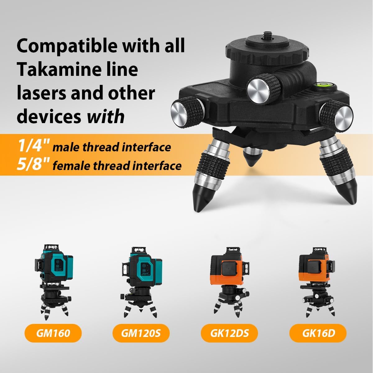 Takamine Adaptador de nivel láser para conector de nivel láser y trípode, base giratoria de metal finamente ajustable de 360 con montaje roscado de