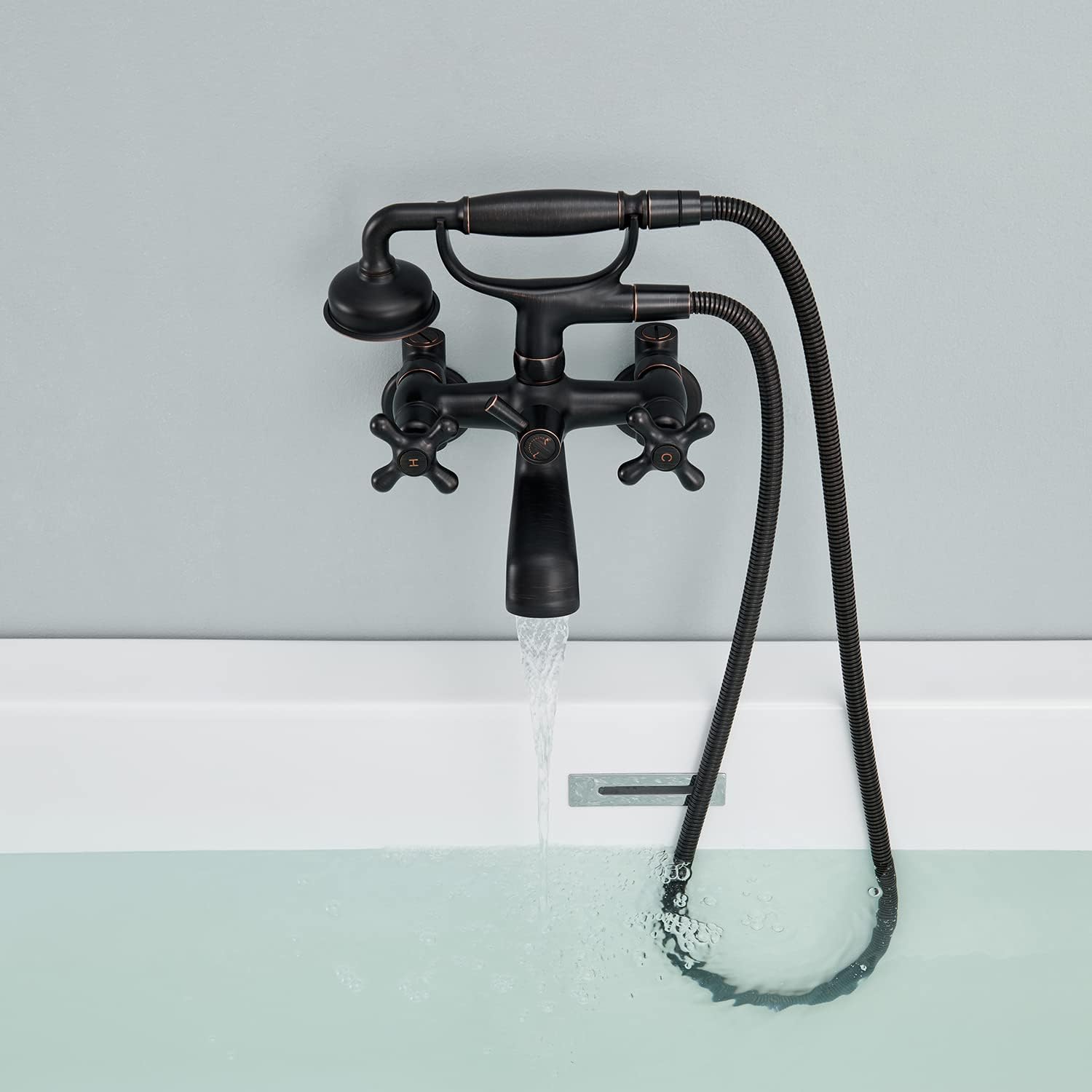 Clawfoot – Grifo de bañera de montaje en pared, bronce aceitado, grifos de bañera de latón vintage con ducha de mano en forma de teléfono