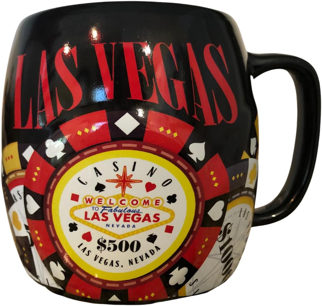 Taza de café con chip de póquer Las Vegas rojo y negro, perfecta para entusiastas del póker y las Vegas Strip – Grande 16 oz