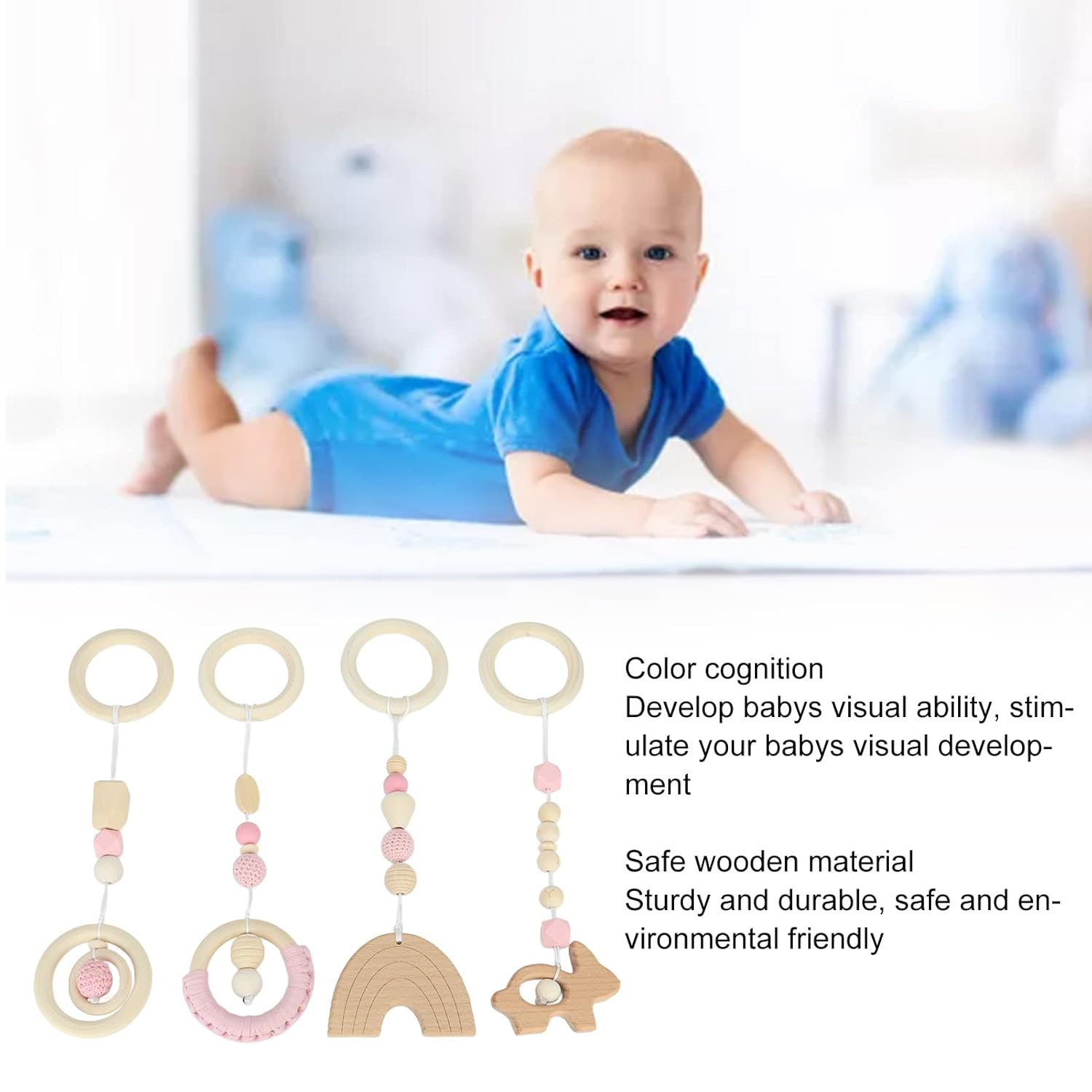 Juguetes colgantes de madera, haya, 4 piezas de cochecito, juguetes colgantes para bebé, gimnasio, juguetes colgantes de madera para niños pequeños