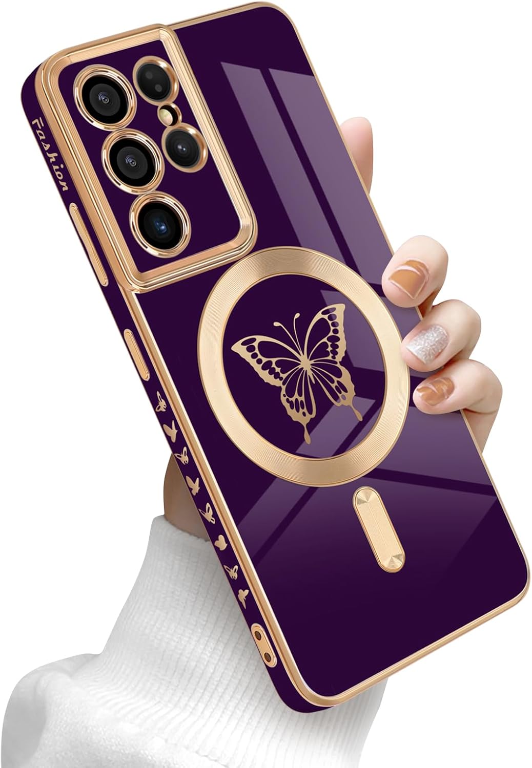 Funda magnética para Samsung Galaxy S21 Ultra 5G, bonita funda con borde chapado en mariposa con MagSafe para mujeres, niñas y hombres, funda