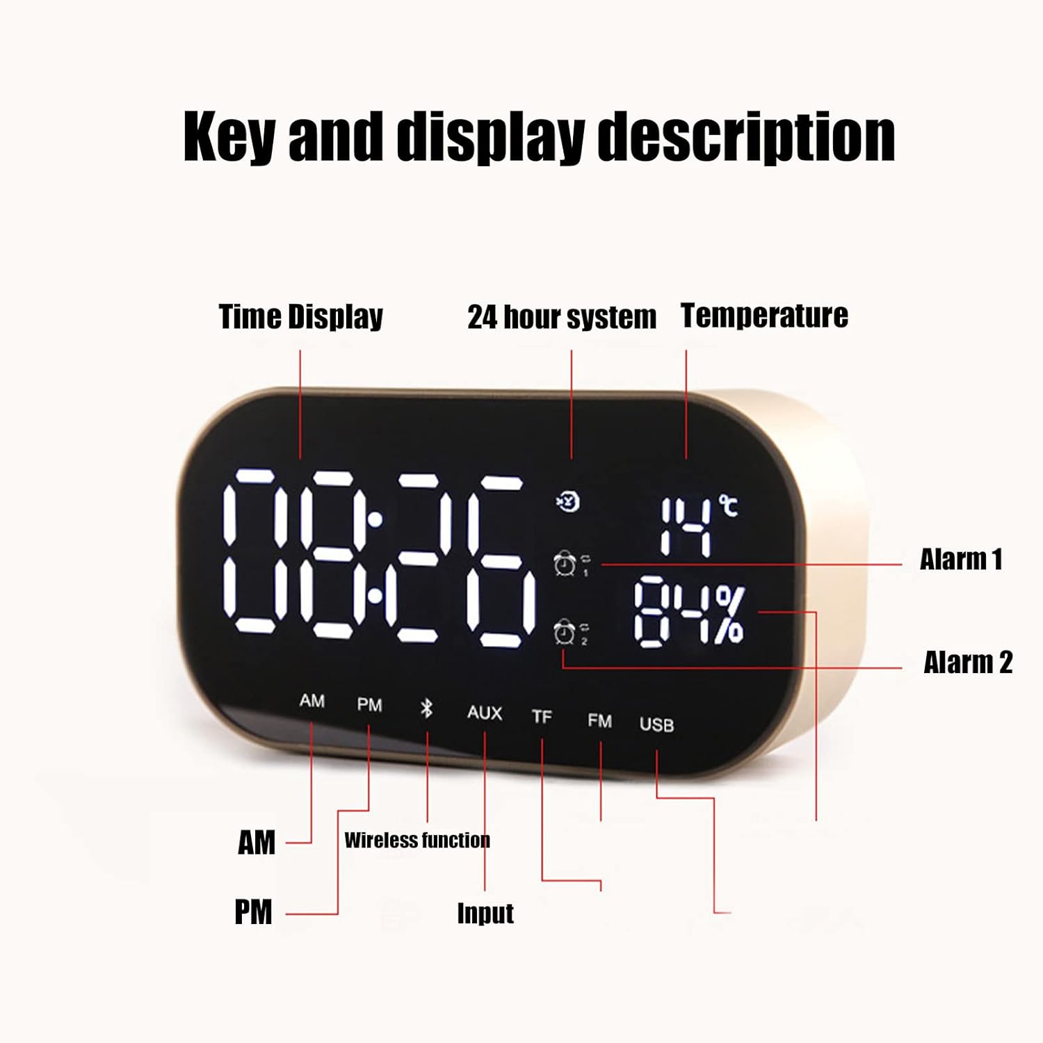 ASHATA Radio despertador digital con pantalla LED, altavoz Bluetooth, radio AM FM, reloj despertador multifunción con receptor y cable, micrófono