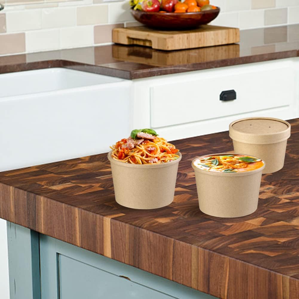 Paquete de 50 tazas de sopa de papel desechables de 8 onzas con tapas, recipientes de sopa de papel desechables, vasos de papel kraft para alimentos