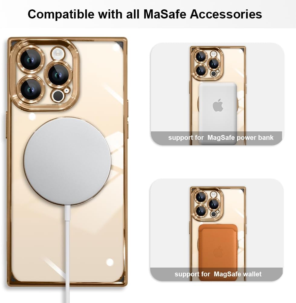 Funda magnética transparente para iPhone 15 Pro Max cuadrada (compatible con MagSafe) con patrón de corazón de amor para mujeres y hombres, borde de