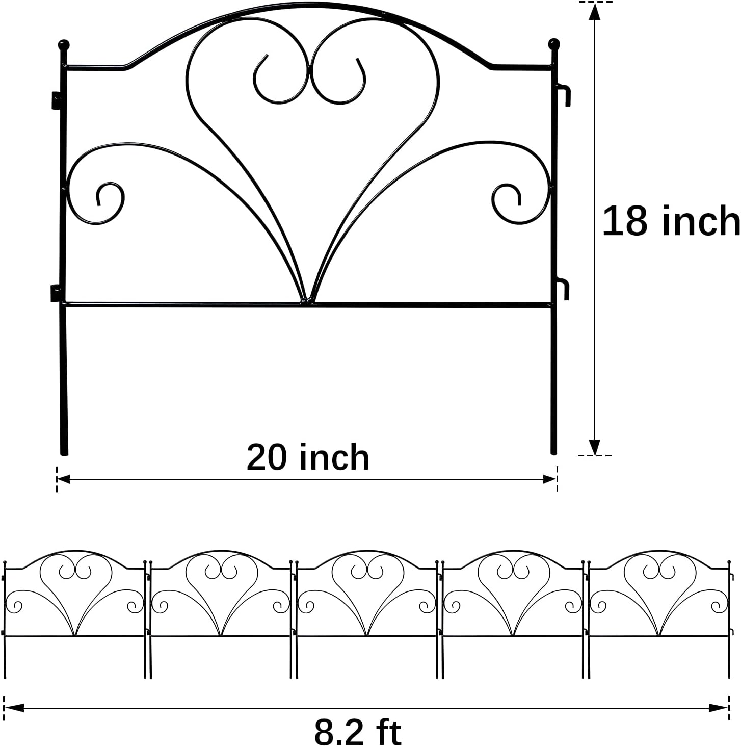 Valla decorativa de jardín de 18 pulgadas de alto x 20 pulgadas de ancho (5 paneles, longitud total de 8.2 pies) sin excavación, valla de metal a
