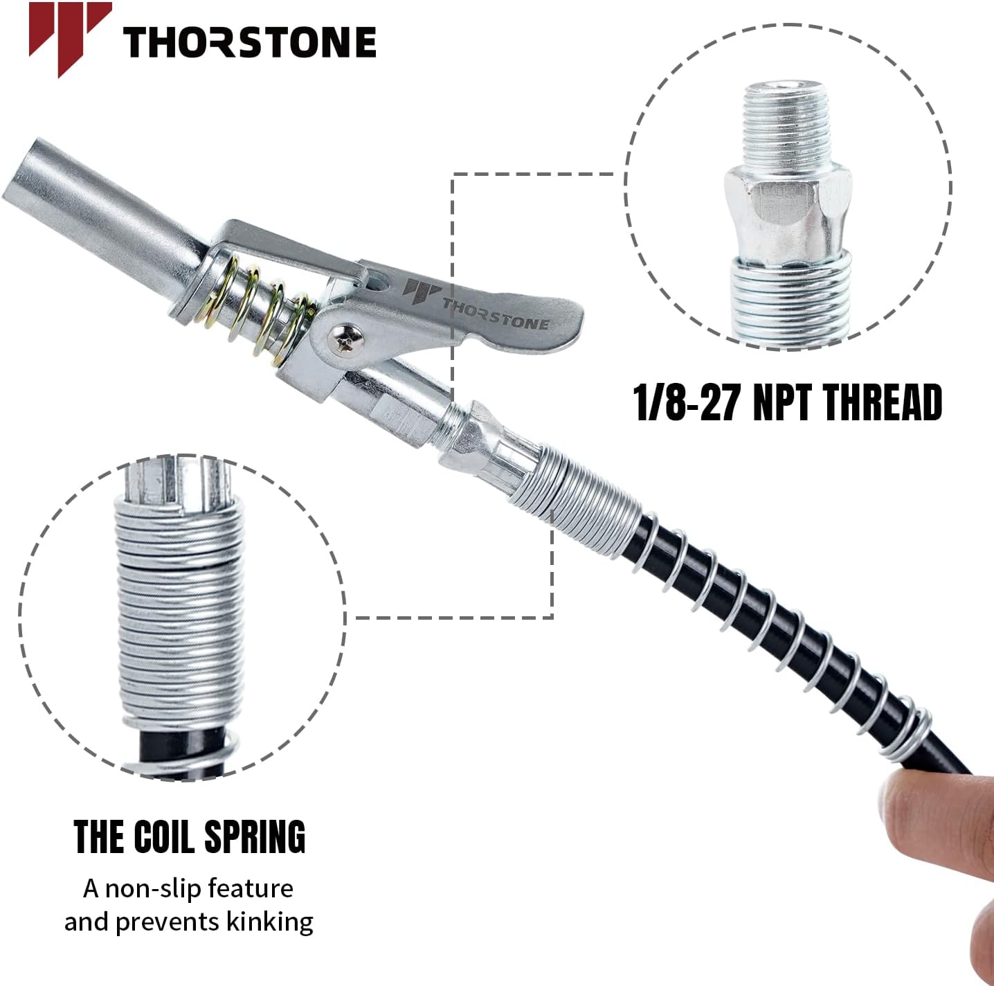 Thorstone Juego de manguera flexible de resorte de 18 pulgadas y acoplador de bloqueo para pistola de engrase  Patente de EE. UU. 29826908