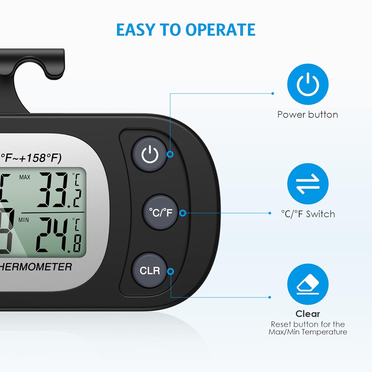 Termómetro de congelador mejorado, termómetro digital para refrigerador, termómetro impermeable para refrigerador con gancho, pantalla LCD,