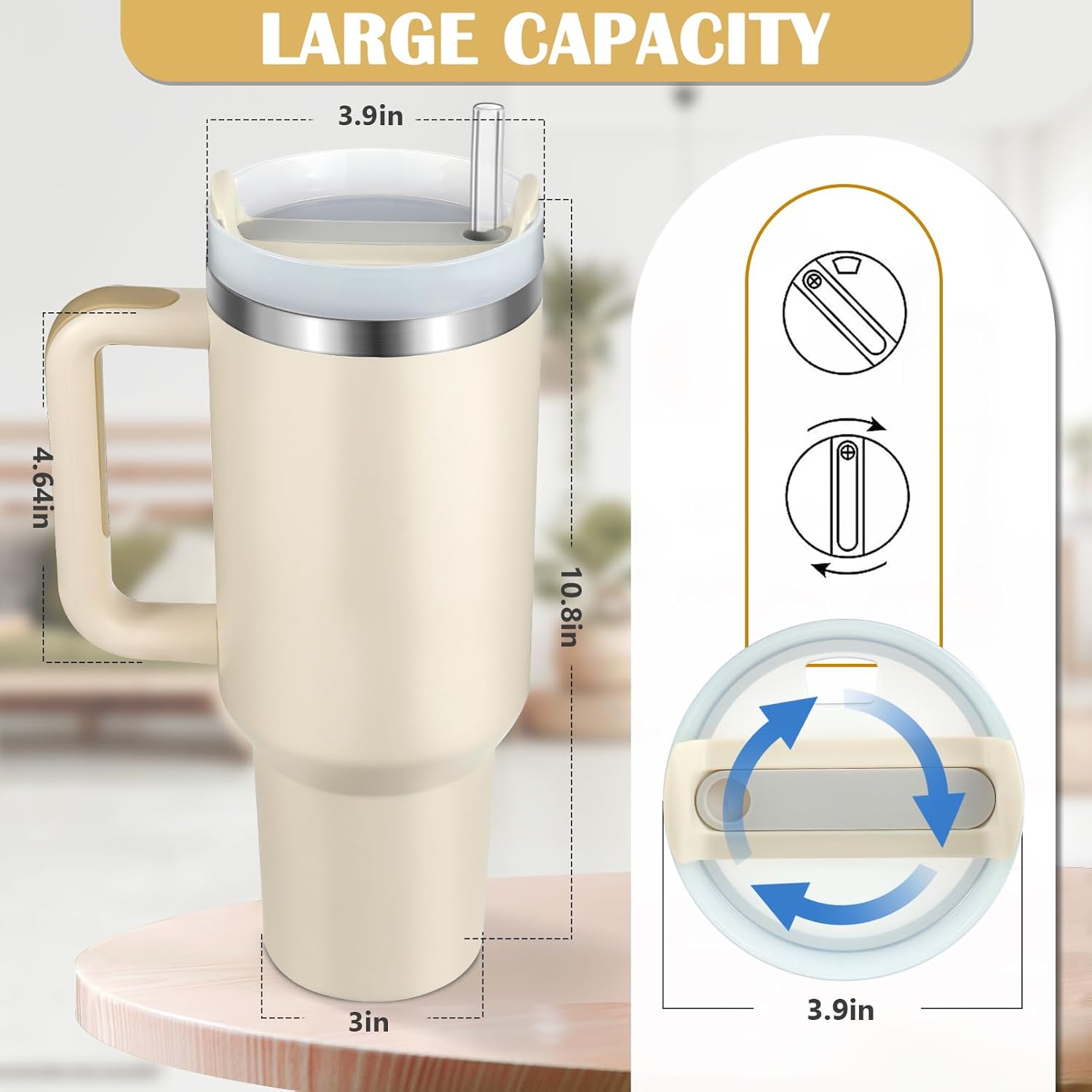 Vaso aislado al vacío de acero inoxidable de 40 onzas con tapa y popote para agua, batidos y más, té helado o café (crema)