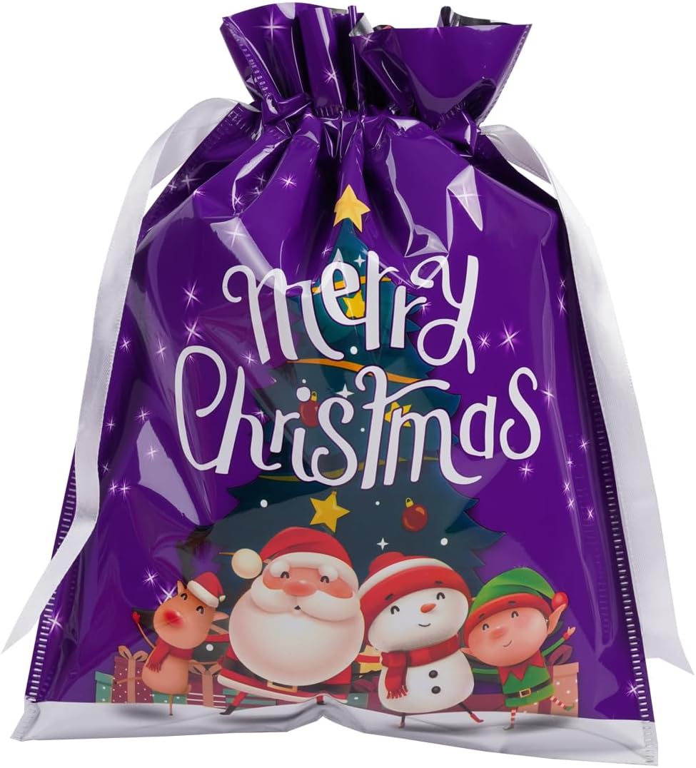 Lyforpyton 24 bolsas de regalo de Navidad con cordón, bolsas de papel de aluminio para regalos de Navidad, recuerdos de fiesta (4 tamaños, 8 diseños)