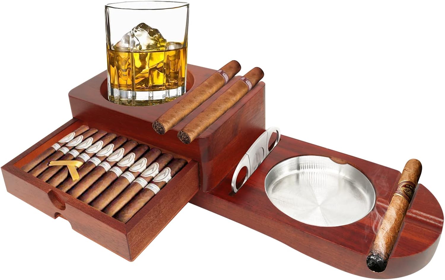 Cenicero de cigarros, bandeja de vidrio para whisky y bandeja de ceniza de madera con cortador de puros, incluye cajón y ranura para sostener puros,