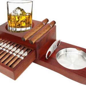 Cenicero de cigarros, bandeja de vidrio para whisky y bandeja de ceniza de madera con cortador de puros, incluye cajón y ranura para sostener puros, Cenicero de cigarros, bandeja de vidrio para whisky y bandeja de ceniza de madera con cortador de puros, incluye cajón y ranura para sostener puros,