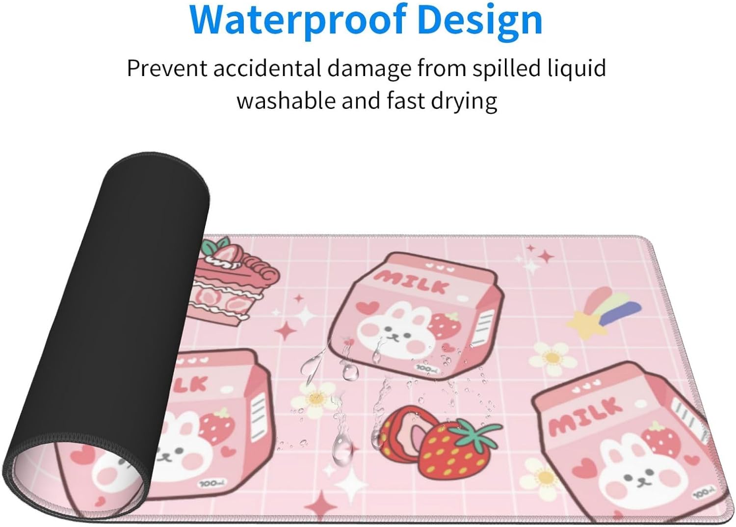 Alfombrilla de mouse Kawaii rosa con diseño de conejito de fresa de 11.8 x 31.5 pulgadas, accesorios de escritorio, base de goma antideslizante