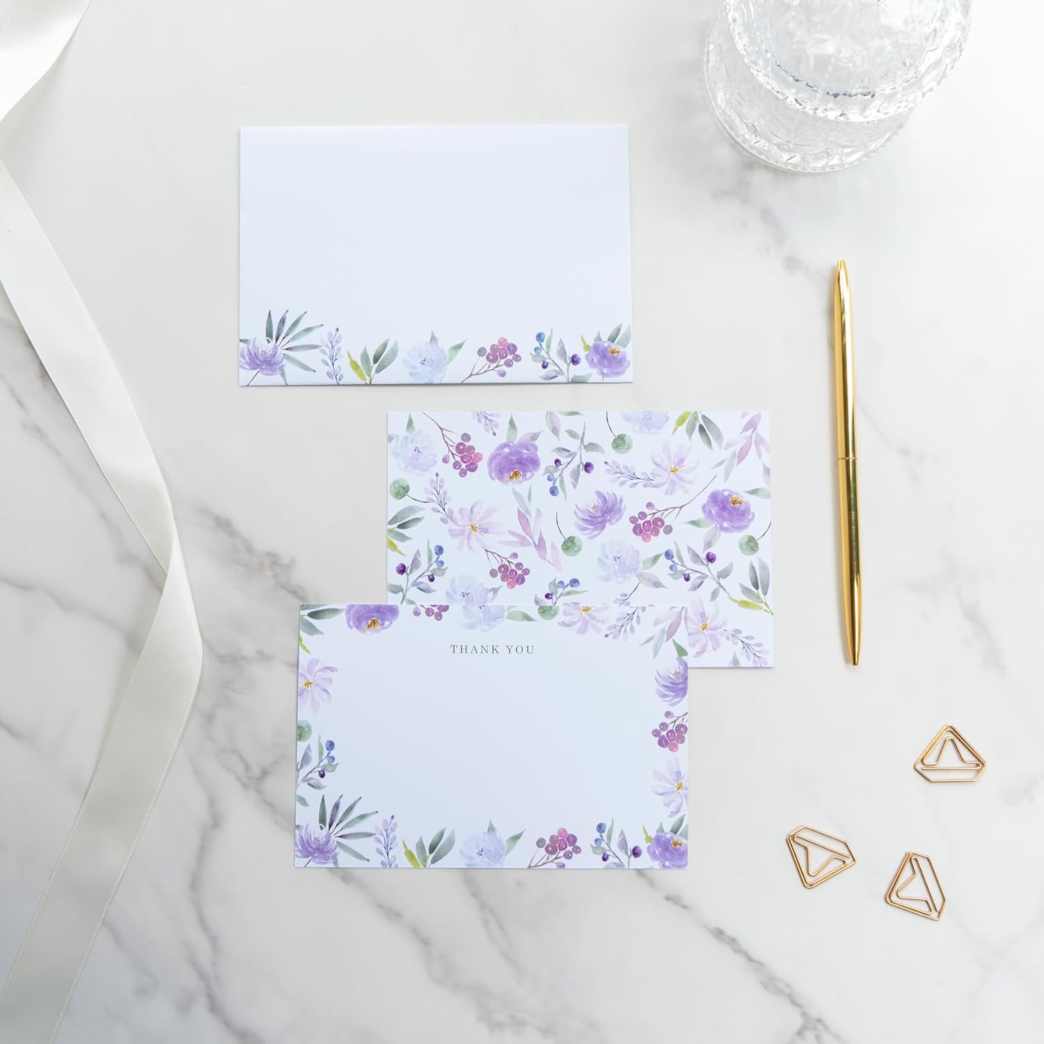 Tarjetas de agradecimiento florales moradas de 4 x 6 pulgadas con sobres, paquete de 20 tarjetas de notas florales en blanco con sobres, tarjetas de