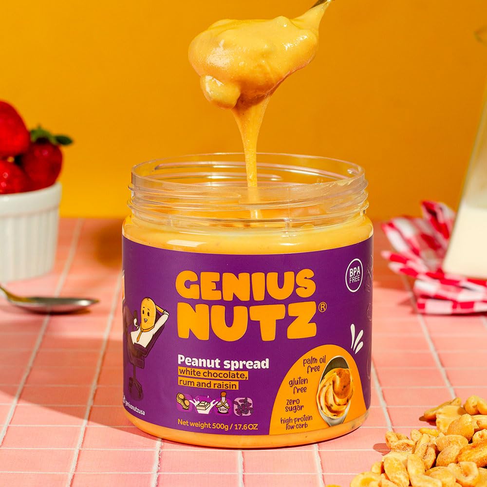 GENIUS NUTZ – Chocolate blanco para untar con maní, ron y pasas – El bocadillo de mantequilla de maní saludable perfecto, 100% natural, sin azúcar y