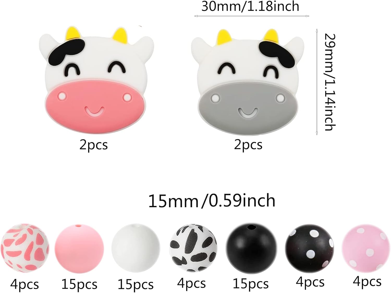 Juego de 65 cuentas de silicona con estampado de lunares de vaca de 0.59 pulgadas, cuentas de silicona rosa, negro y blanco, cuentas espaciadoras