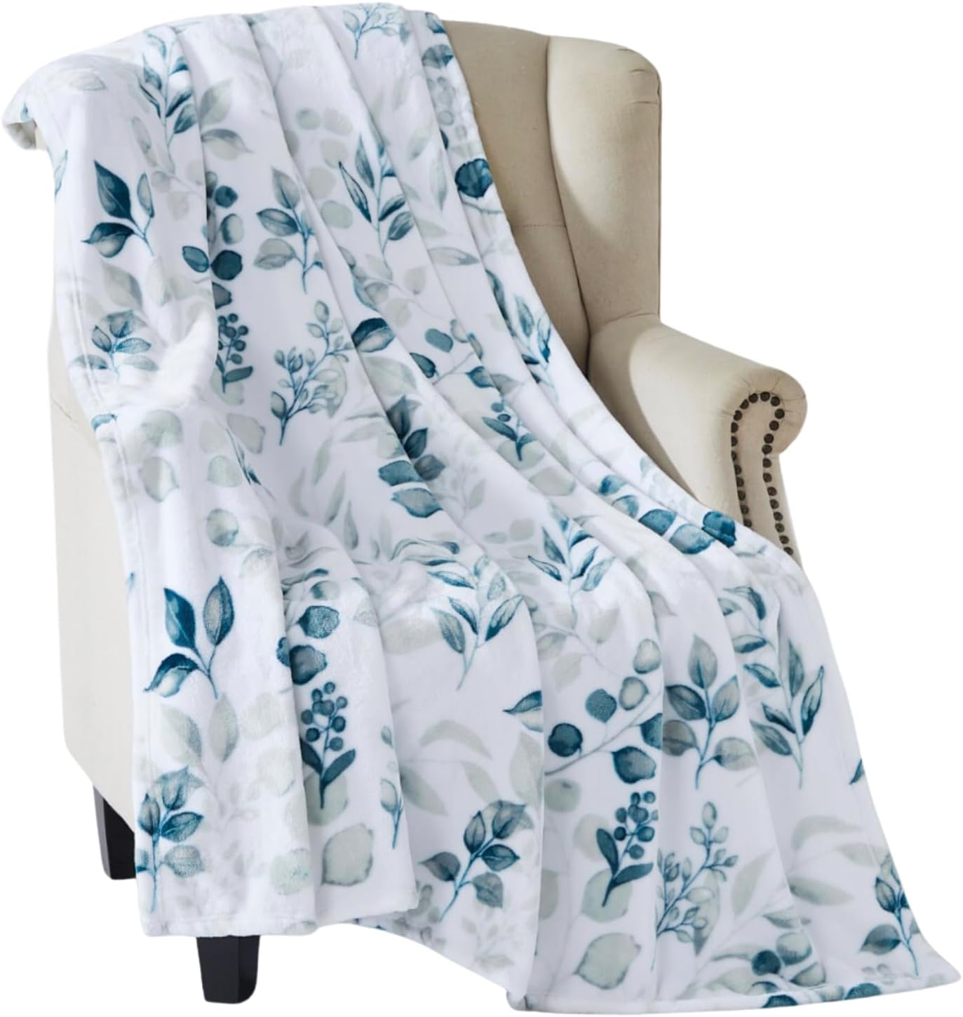Mantas de forro polar verde con hojas botánicas de acuarela felpa suave con diseño floral de hojas y bayas para sofá, silla, cama, verde, gris,
