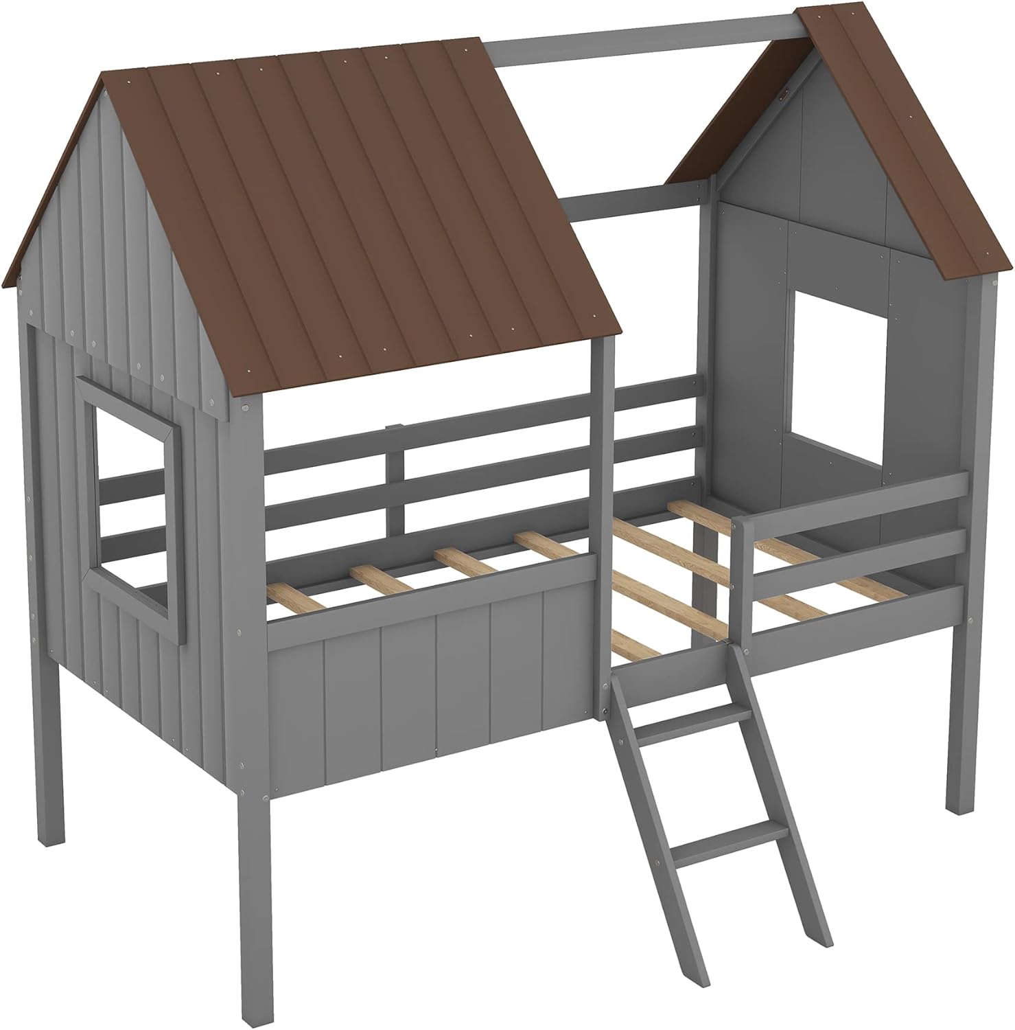 Cama individual para niños, marco de cama baja de madera con ventanas y techo, fácil montaje, para niñas y niños (gris + marrón)