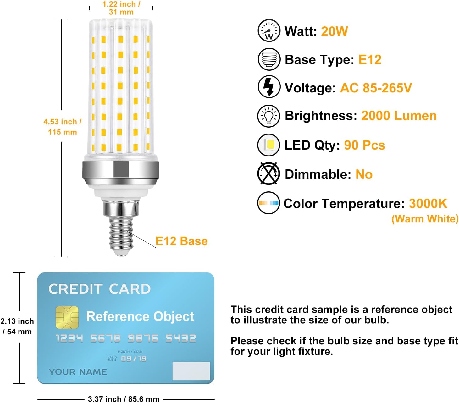 Bombilla LED E12, bombilla LED de candelabro de 20 W, blanco cálido 3000 K, bombillas incandescentes equivalentes a 150 W, bombillas de ventilador