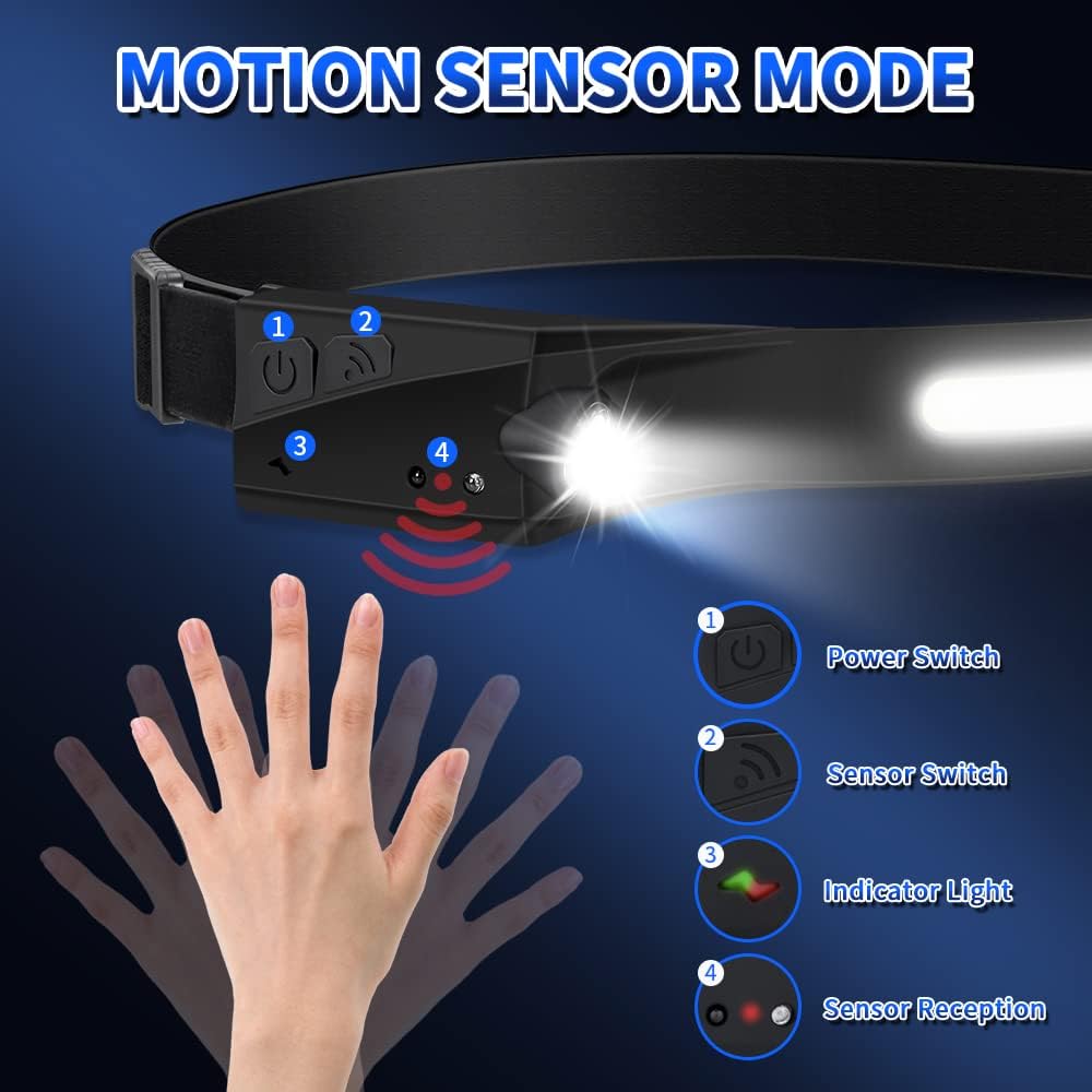Paquete de 4 faros delanteros recargables, LED con sensor de movimiento, faros delanteros de 5 modos para adultos, faro de haz ancho COB de 230,