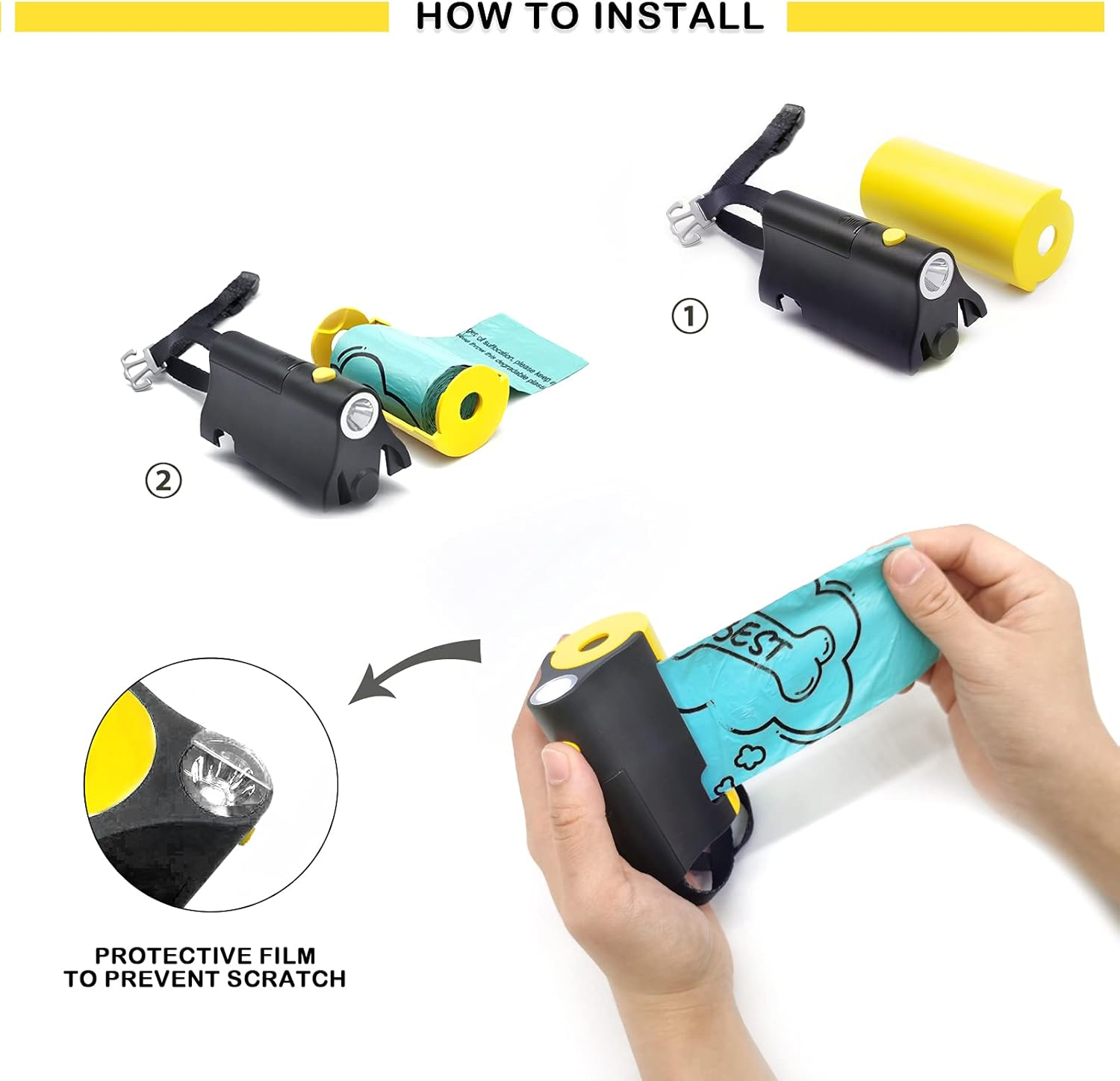 Soporte 3 en 1 para bolsas de excremento de perro con linterna LED integrada para correa y clip de metal para colgar bolsas usadas, dispensador de