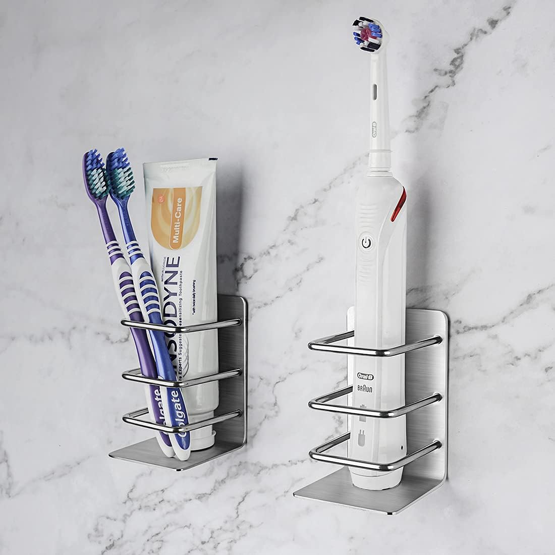 Linkidea Paquete de 2 soportes eléctricos para cepillos de dientes montados en la pared, autoadhesivos, de acero inoxidable, soporte para cepillo de