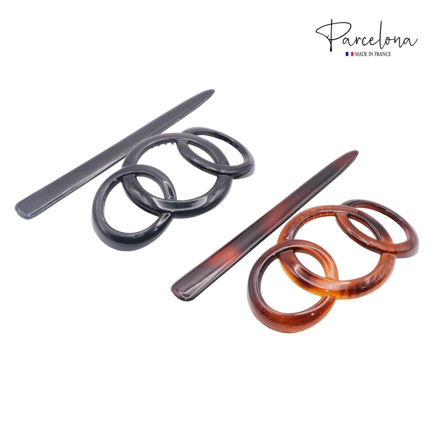 Parcelona Pasador deslizante de pelo de celuloide francés de 3.5 pulgadas con triple anillo, pasador, pasador antideslizante, cola de caballo para