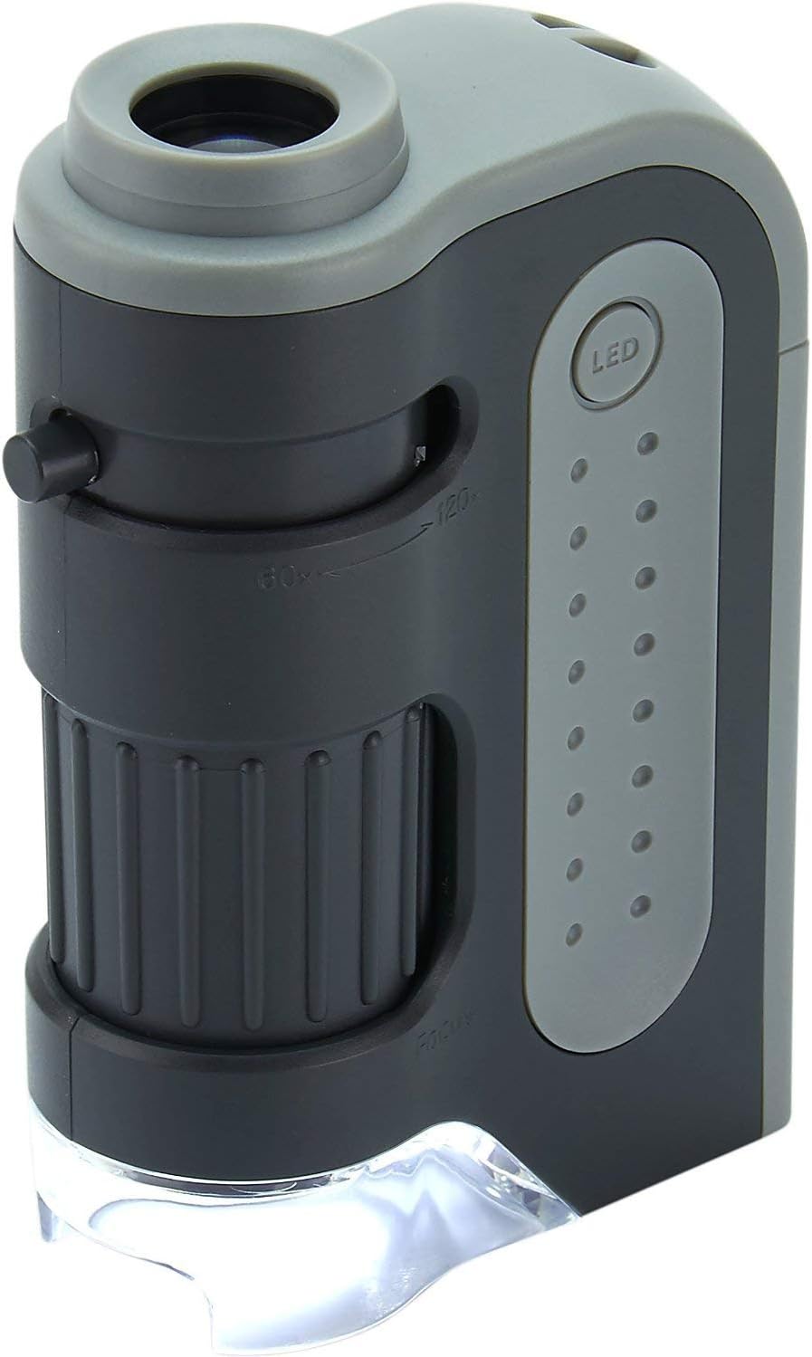 Carson MicroMini – Microscopio de bolsillo con iluminación LED y linterna UV integrada y clip adaptador universal para digiscopio para teléfono