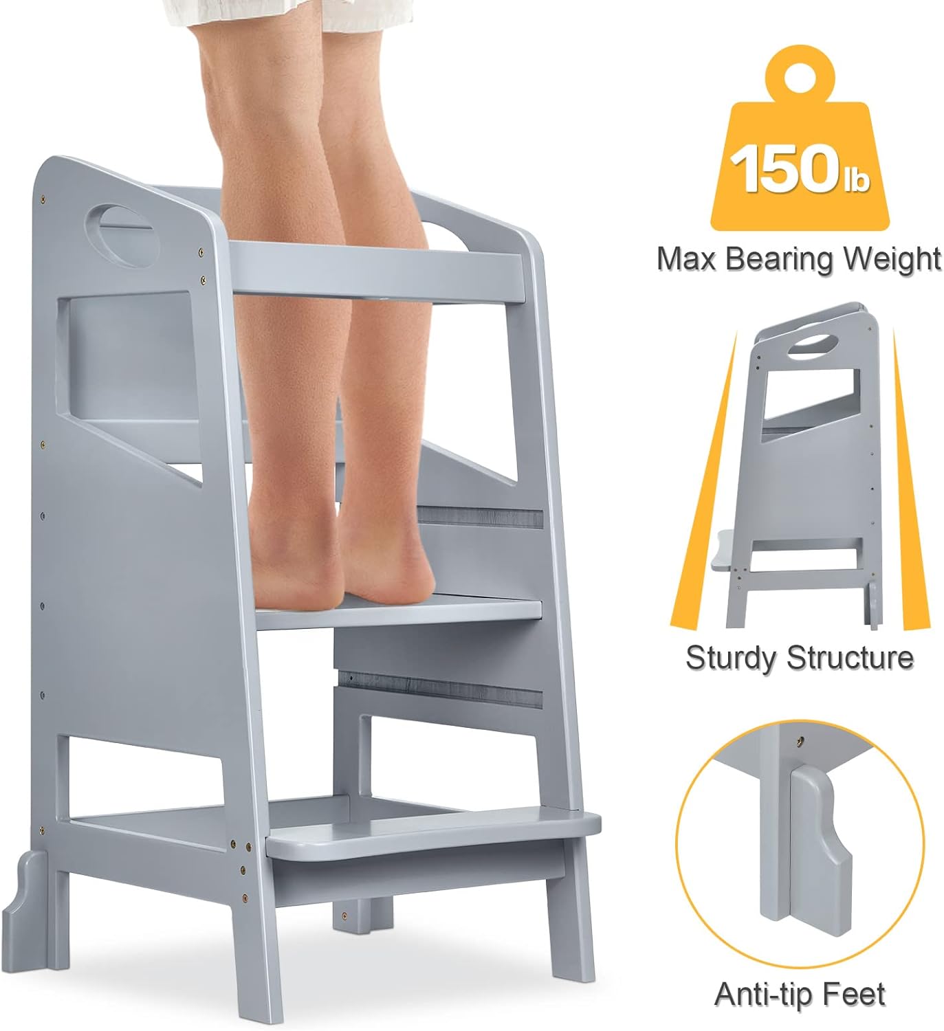 RONIPIC – Taburete de cocina para niños pequeños, torre de pie con riel de seguridad, taburete de cocina de madera para niños, torre ajustable de 3