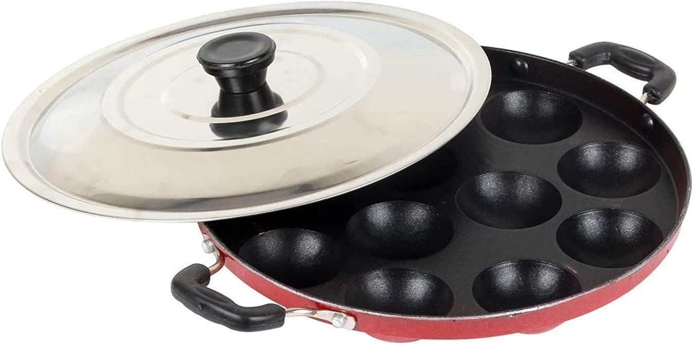 Antiadherente Appam Maker 12 cavidades Appam Patra Pan con 2 asas laterales y tapa de acero inoxidable
