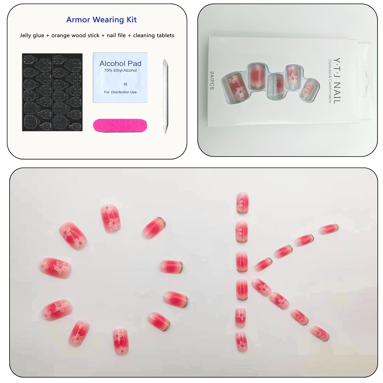 Uñas postizas medianas de punta francesa verde, uñas postizas ovaladas de flores blancas, uñas postizas acrílicas brillantes, uñas artificiales de