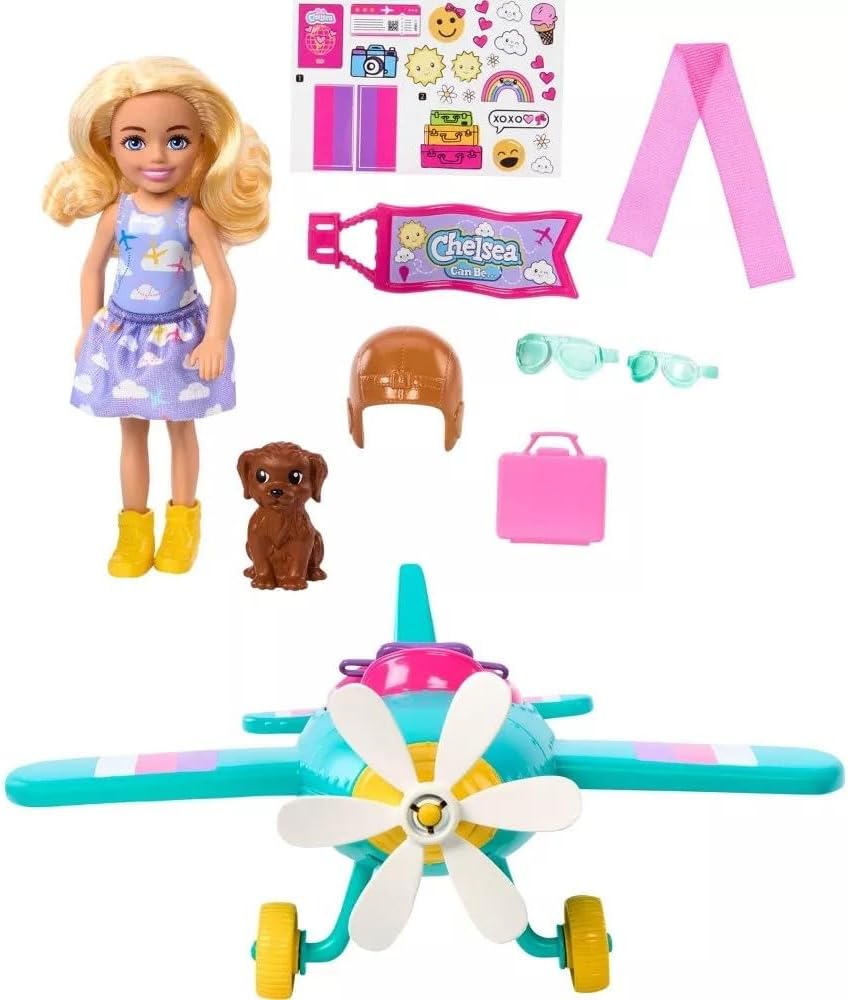 Barbie Chelsea Can Be – Juego de muñeca y avión, avión de 2 plazas con hélice de margarita giratoria y 7 accesorios, incluye cachorro y calcomanías
