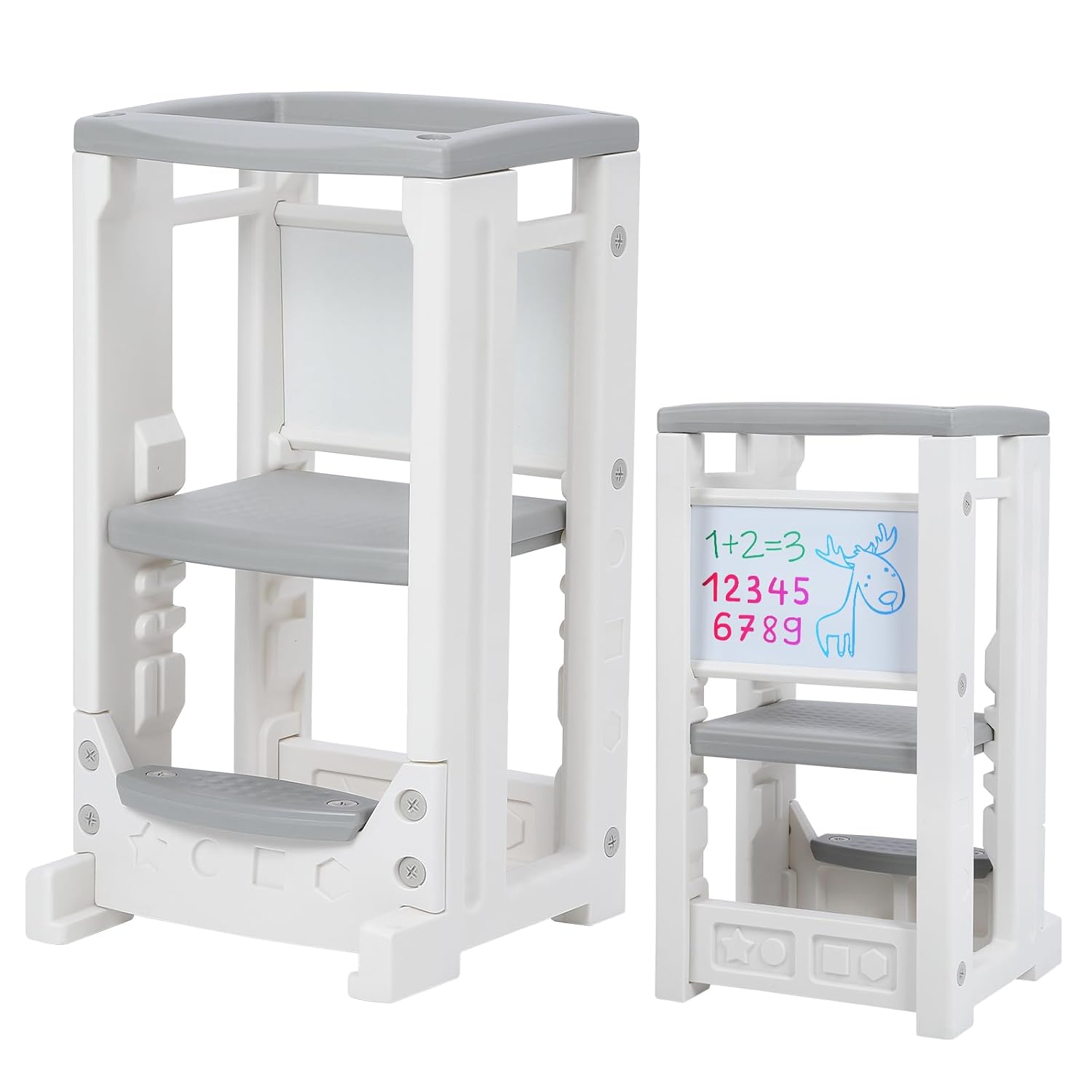 Taburete de cocina para niños con pizarra blanca, torre para niños pequeños con 4 alturas ajustables y riel de seguridad, taburete de aprendizaje