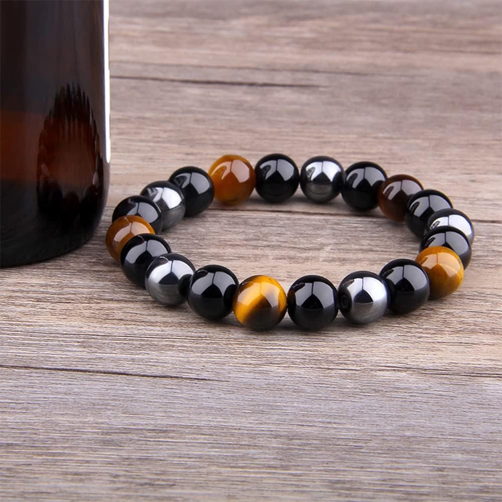 Pulsera de triple protección, pulsera de cuentas de piedra de ojo de tigre, pulsera de hematita obsidiana negra de 0.394 pulgadas, trae buena suerte