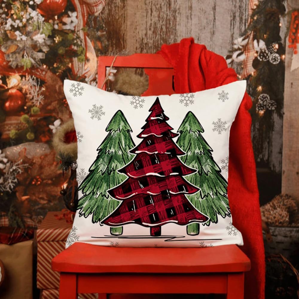 DFXSZ Juego de 4 fundas de almohada de Navidad de 18 x 18 pulgadas, diseño de árbol de Navidad, camión a cuadros negros y rojos, decoración de
