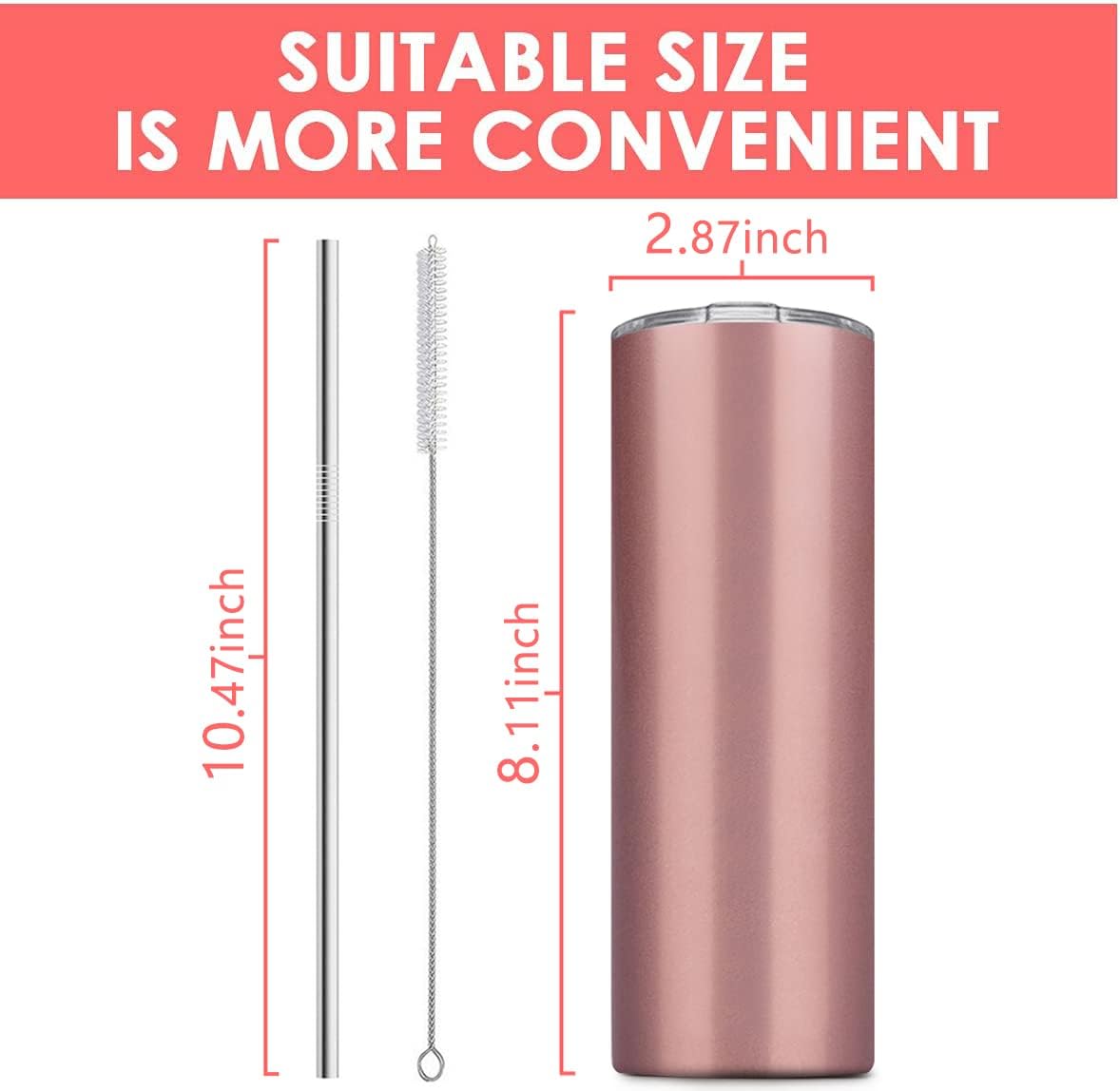 Deitybless Paquete de 6 vasos delgados de acero inoxidable, vaso de agua de doble aislamiento de 20 onzas con 6 popotes y 3 cepillos, taza de viaje