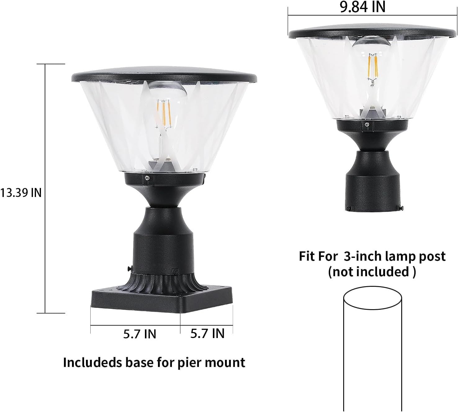 Zanritelit Luz de poste no solar con pantalla de vidrio para entrada, césped, patio, jardín, granja, negro mate, impermeable, lámpara de poste