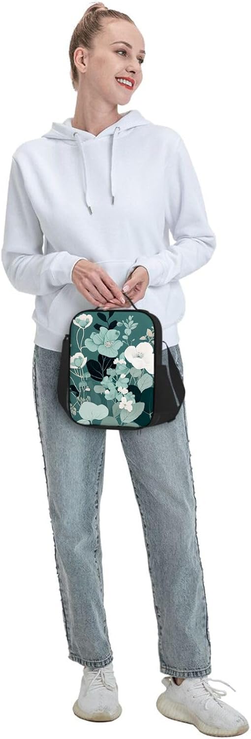 Lonchera con diseño de flores en color verde azulado claro, aislada, reutilizable, bolsa de almuerzo para mujeres y hombres, trabajo, picnic,