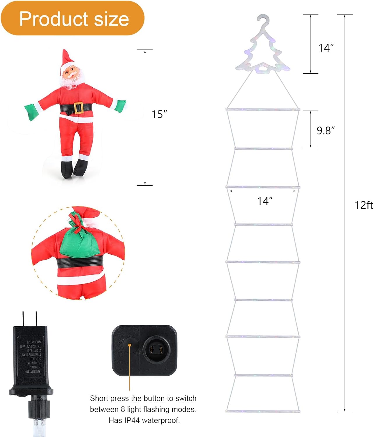 Luces de decoración de Navidad LED para exteriores, luces de escalera de ZHOLAH de 12 pies con Papá Noel trepador, multicolor, 8 modos de luz