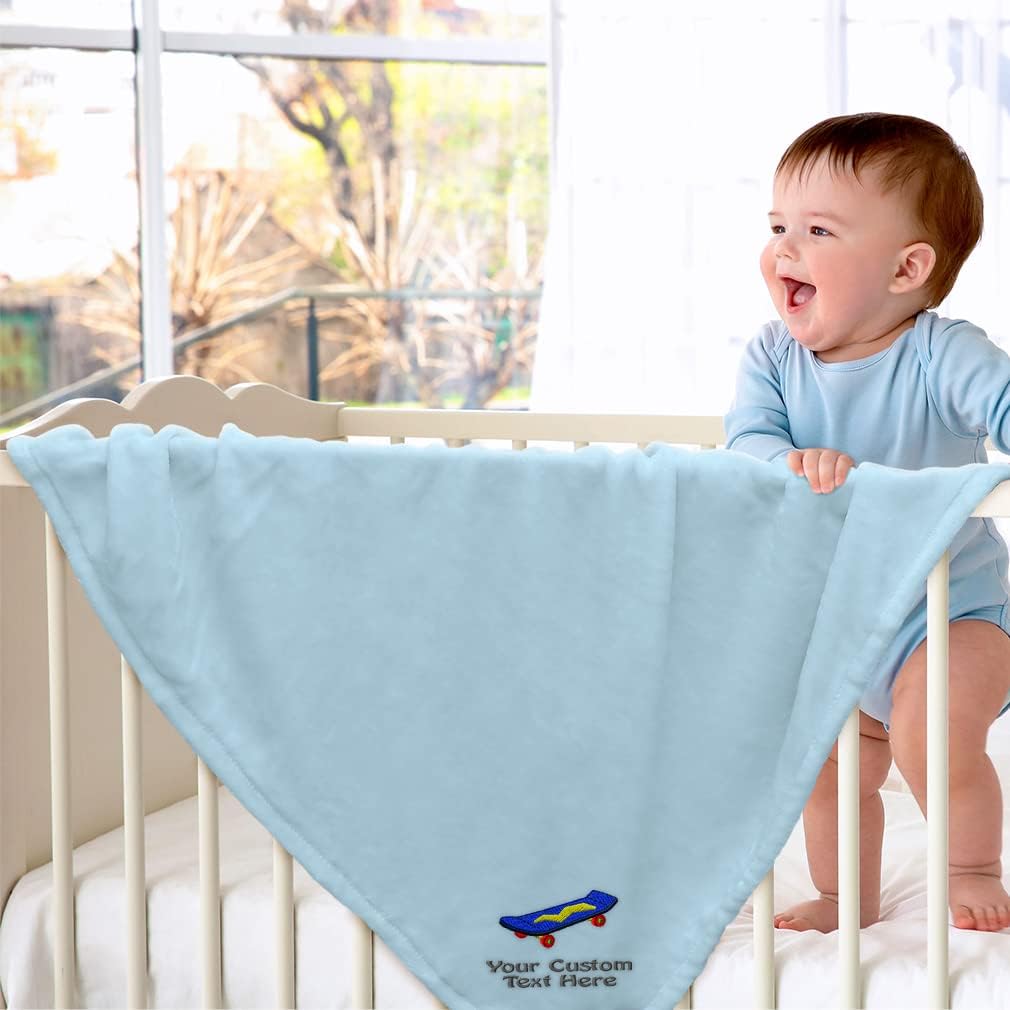 Custom Embroidery Nursery Bedding Baby Blankets for Boys & Girls Toy Skateboard Polyester Soft Plush Receiving Swaddle Blue Personalized Text Name