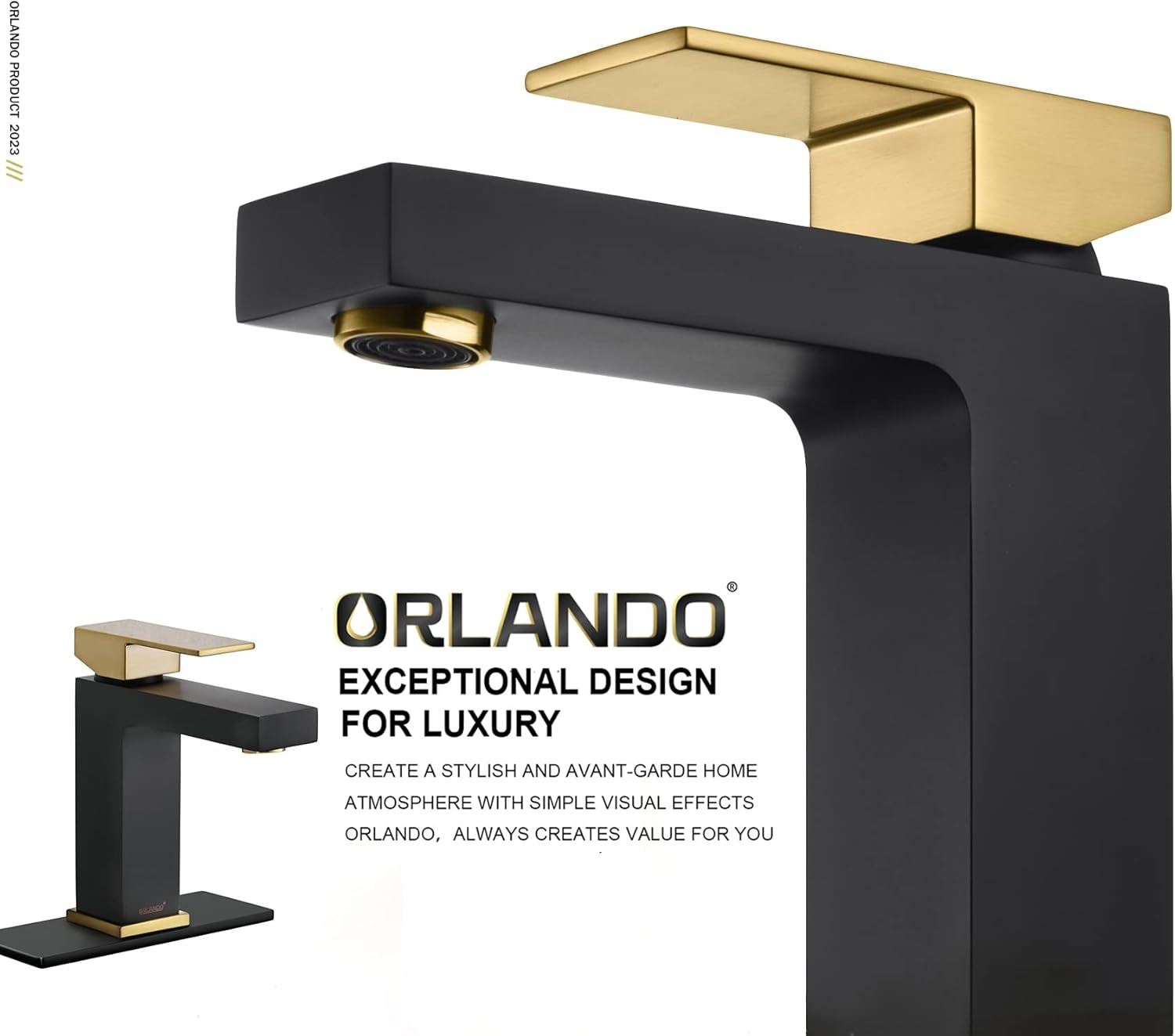 ORLANDO Grifo de baño negro y dorado de un solo agujero, grifo de lavabo de baño de una sola manija para fregadero de baño, grifo de baño de latón
