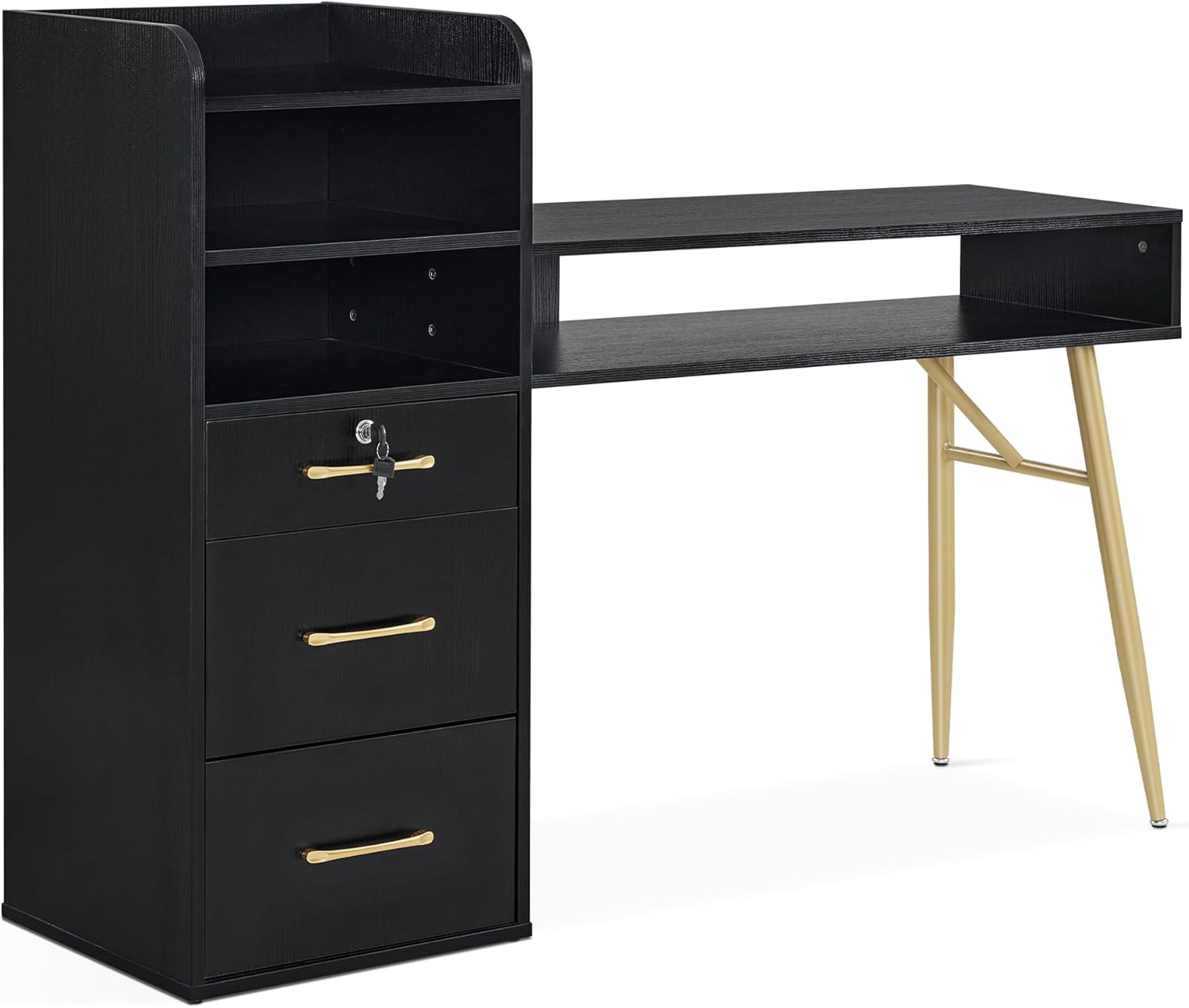 BarberPub Mesa de manicura con 3 cajones y 4 estantes, escritorio de uñas con asas y patas doradas, mesa de uñas para tecnología de uñas, equipo de