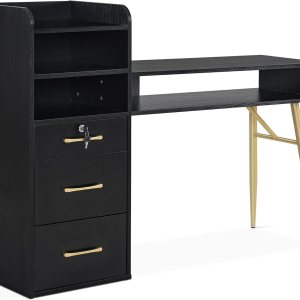 BarberPub Mesa de manicura con 3 cajones y 4 estantes, escritorio de uñas con asas y patas doradas, mesa de uñas para tecnología de uñas, equipo de BarberPub Mesa de manicura con 3 cajones y 4 estantes, escritorio de uñas con asas y patas doradas, mesa de uñas para tecnología de uñas, equipo de