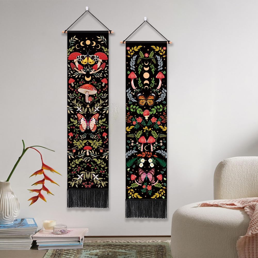 Paquete de 2 decoraciones para colgar en la pared de hongos, decoración hippie botánica vertical de pared, tapiz de planta de luna con borlas, tapiz