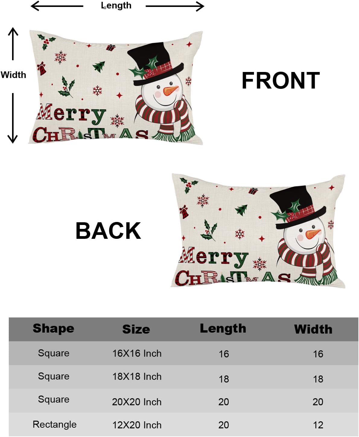 Juego de 2 fundas de almohada de lino con diseño de muñeco de nieve, árbol de Navidad, copos de nieve, rústicas, de 12 x 20 pulgadas, fundas de